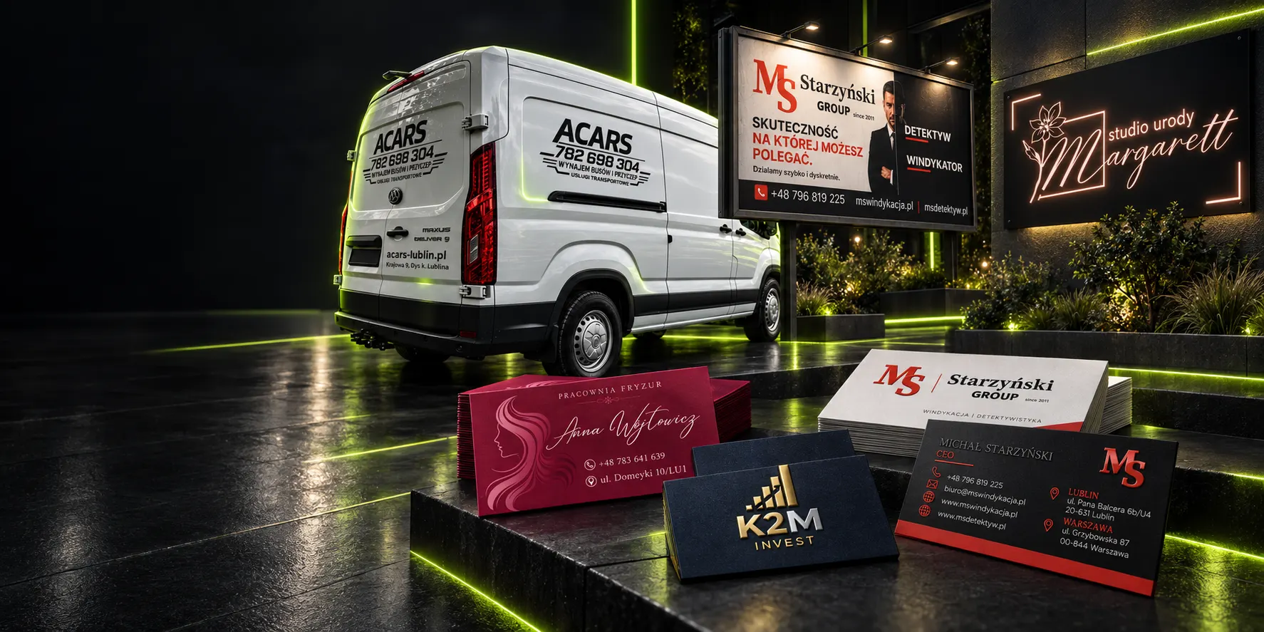 Realizacje materiałów reklamowych cob-web.pl studio: oklejanie pojazdów, billboardy, szyldy i wizytówki